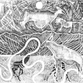 Ink on paper drawing of the Brandberg, song lines, animals and rock art