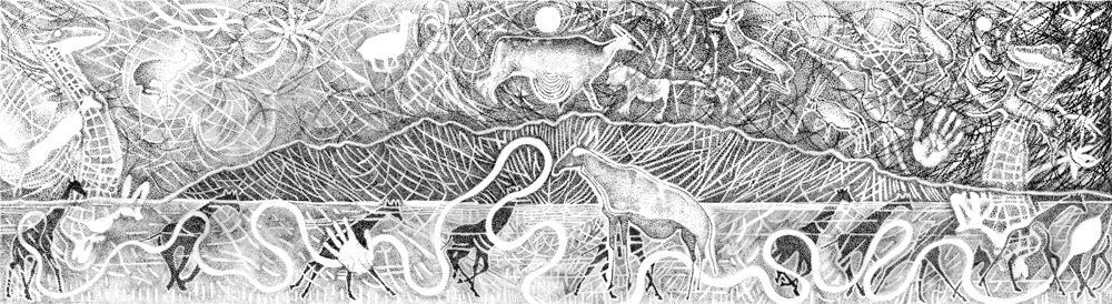 Ink on paper drawing of the Brandberg, song lines, animals and rock art