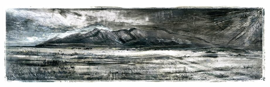 Long landscape in mixed media by Anni le Roux showing the Brandberg