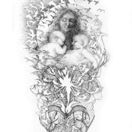 Madonna and two babies with birds and floral seed head - original fine art drawing by Annie le Roux