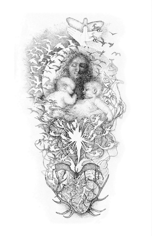 Madonna and two babies with birds and floral seed head - original fine art drawing by Annie le Roux