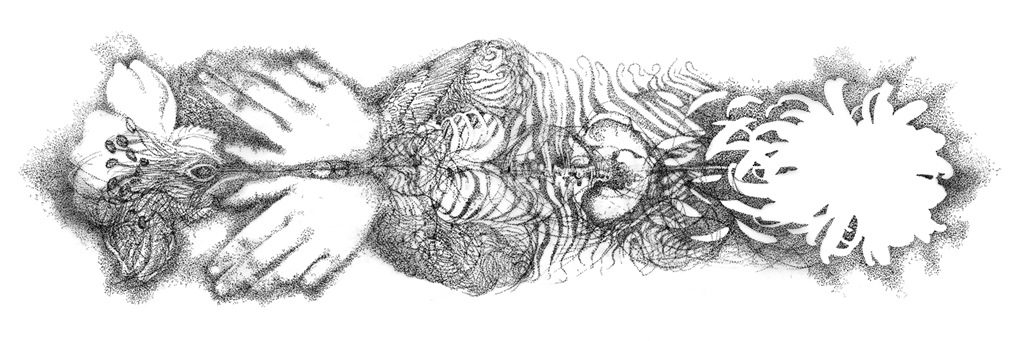 Fine art ink drawing with flower, hands, organs in symmetry