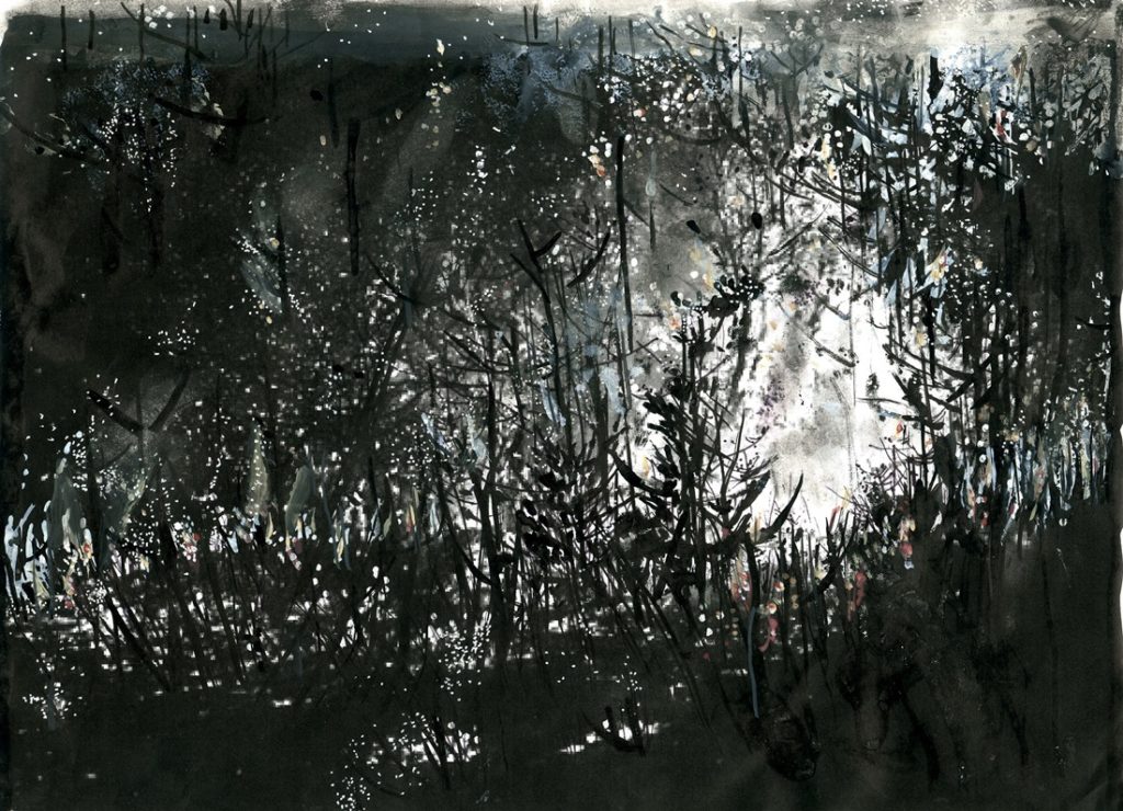Mixed media artwork with dark bushes, ashes flying, in this monochromatic mixed media artwork of fires in Knysna and Plettenberg Bay in 2017