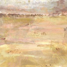 Landscape painting with pink, grey, green and pastels by Annie le Roux