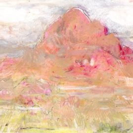 Pink mountain - Spitskoppe in Namibia - original art, mixed media on paper by Annie le Roux
