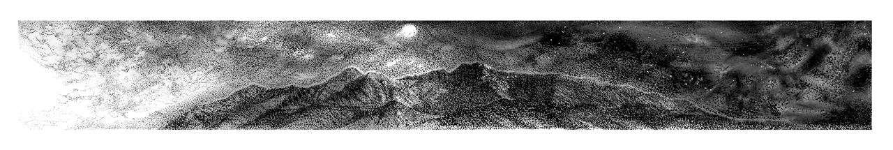 Original ink fine art drawing of the Brandberg mountainscape at night with the moon