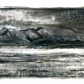 Long landscape in mixed media by Anni le Roux showing the Brandberg
